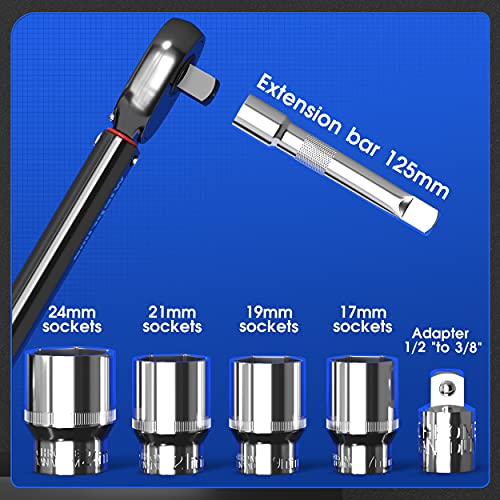 Wieprima 1/2" Llave Dinamométrica ,40-210NM,Alta Precisión de ±4% con extensión(125mm),4 insertos de 17/19/21/24 mm en vanadio cromado,Adaptadores de 1/2" a 3/8" para coche, moto