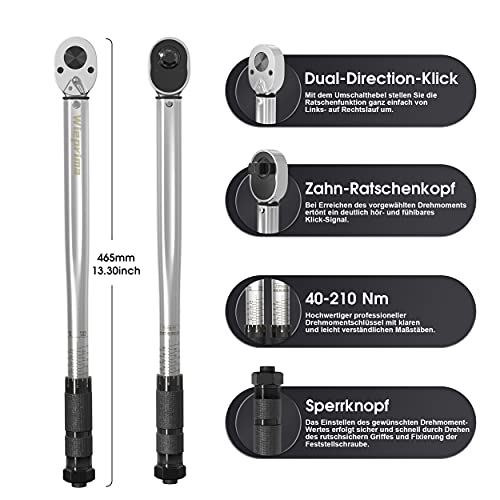 Wieprima Juego de llaves dinamométricas (40-210 Nm, 1/2", incluye 4 llaves de vaso de 17 mm, 19 mm, 21 mm y 24 mm de extensión, 125 mm, llaves dinamométricas para coche (Negro)