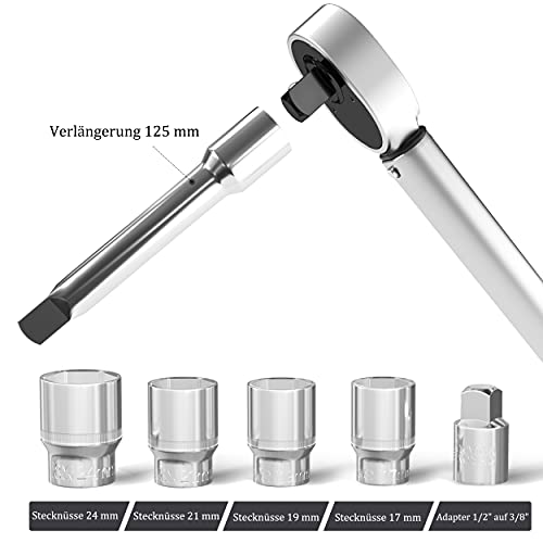 Wieprima Juego de llaves dinamométricas (40-210 Nm, 1/2", incluye 4 llaves de vaso de 17 mm, 19 mm, 21 mm y 24 mm de extensión, 125 mm, llaves dinamométricas para coche (Negro)