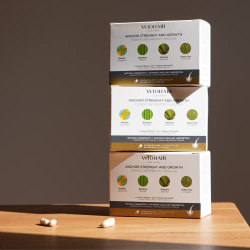 Wiohair 3x2 Cajas de Cápsulas Anticaída | Vitaminas para el Cabello | Fuerza y Crecimiento | Ingredientes Naturales de Alta Absorción | Complemento alimenticio de 180 Cápsulas | Para Hombre y Mujer