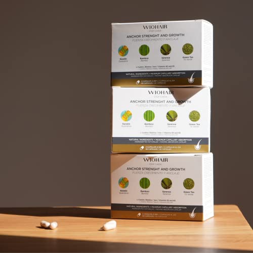 Wiohair 3x2 Cajas de Cápsulas Anticaída | Vitaminas para el Cabello | Fuerza y Crecimiento | Ingredientes Naturales de Alta Absorción | Complemento alimenticio de 180 Cápsulas | Para Hombre y Mujer