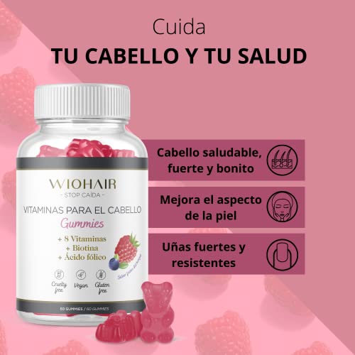 Wiohair Vitaminas para el Pelo, Piel y Uñas | Gominolas anticaída | Suplemento 8 vitaminas, Biotina y ácido fólico | Veganas y Cruelty Free | Sin gluten | Para hombres y Mujeres