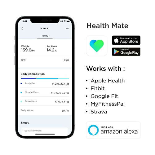 Withings Body+ Báscula inteligente con conexión Wi-Fi, medición de la grasa corporal, IMC, masa muscular y porcentaje de agua corporal, sincronización con la aplicación móvil Bluetooth o Wi-Fi,Negro