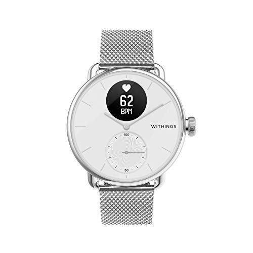 Withings ScanWatch - Reloj Inteligente híbrido con ECG, tensiómetro y oxímetro, 38 mm, Color Blanco + Correa para Unisex Adulto, Plateado, 18 mm