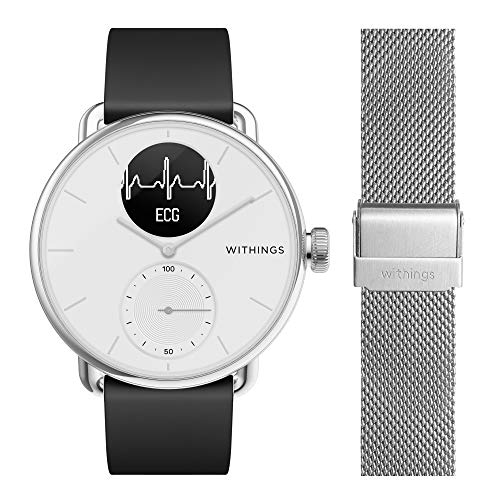 Withings ScanWatch - Reloj Inteligente híbrido con ECG, tensiómetro y oxímetro, 38 mm, Color Blanco + Correa para Unisex Adulto, Plateado, 18 mm