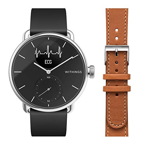 Withings ScanWatch - Reloj Inteligente híbrido con ECG, tensiómetro y oxímetro, 38 mm, Color Negro + Correa Steel HR 36mm, Marrón, Activité Pop, Activité Premium