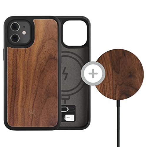 Woodcessories - Funda magnética compatible con iPhone 12 Mini con cargador MagPad de madera - nogal