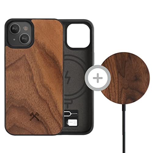 Woodcessories - Funda magnética compatible con iPhone 13 con cargador MagPad de madera, nogal.