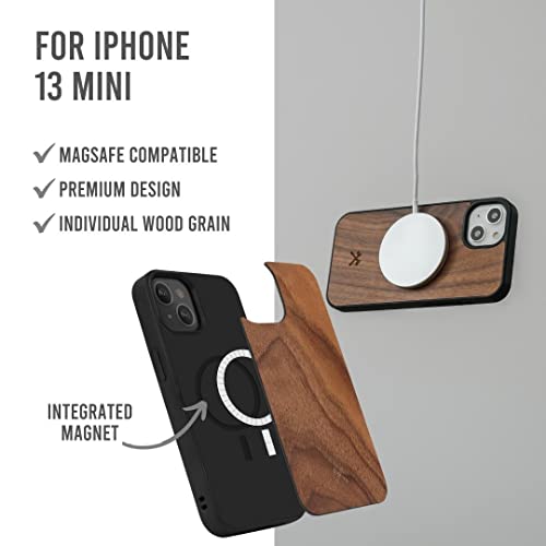 Woodcessories - Funda magnética compatible con iPhone 13 Mini con cargador MagPad de madera, nogal.
