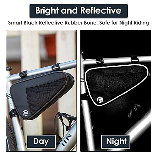 WOTOW Bolsa Triangular Impermeable de Bicicleta, Bolsa Triangular 1.5L para Bici con 3 Gancho y Bucle de Silicona, Icono y Marco Reflectante y Cremallera Impermeable, para MTB Bicicleta Carretera