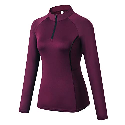 WOWENY Top de Running Ligero con Cremallera de 1/4 para Mujer, Camisetas de Manga Larga con protección Solar UPF 50+, Camisetas de Senderismo al Aire Libre para Ciclismo (Vino Tinto, L)