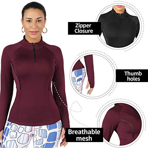 WOWENY Top de Running Ligero con Cremallera de 1/4 para Mujer, Camisetas de Manga Larga con protección Solar UPF 50+, Camisetas de Senderismo al Aire Libre para Ciclismo (Vino Tinto, L)