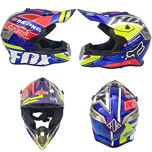 WVW Casco Motocross Niño 5~12 Años ECE/Dot Homologado Casco Moto Integral Unisex para Moto Cross Descenso Enduro MTB Quad BMX Bicicleta - con Fox Design - TGF-01 - Azul,XL