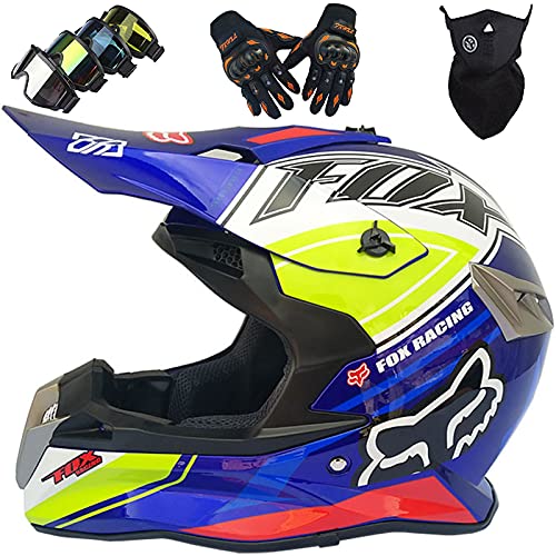 WVW Casco Motocross Niño 5~12 Años ECE/Dot Homologado Casco Moto Integral Unisex para Moto Cross Descenso Enduro MTB Quad BMX Bicicleta - con Fox Design - TGF-01 - Azul,XL