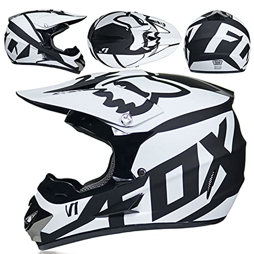 WVW Cascos Infantiles Moto, Casco Motocross Niño 5~12 Años - ECE Homologado (Gafas Guantes Máscara) Casco Integral Adulto para MTB Descenso Enduro Quad Bicicleta - con Diseño Fox - Blanco Negro,S