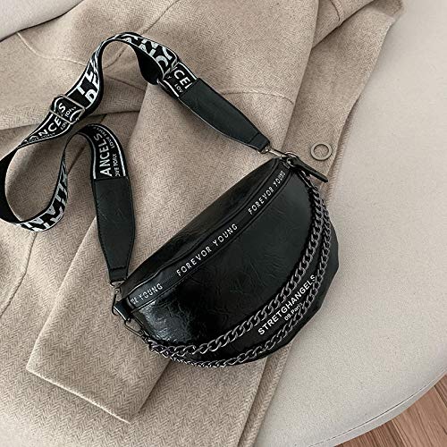 WWWL Paquete de Cintura Bolsos de Mujer Bolso Cintura Bolsa PU Cuero Metal Doble Cadena Suma por Banda Fanny Pack Moda Satchel Banda Panza Bolso de cinturón Black