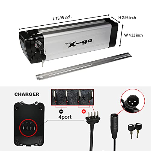 X-go Batería de ion de litio Silver Fish de 36 V y 10 Ah, con cargador para bicicletas eléctricas de 200 W, 35 W, 500 W y motores Pedelec (36 V, 10 Ah, 4 pines)