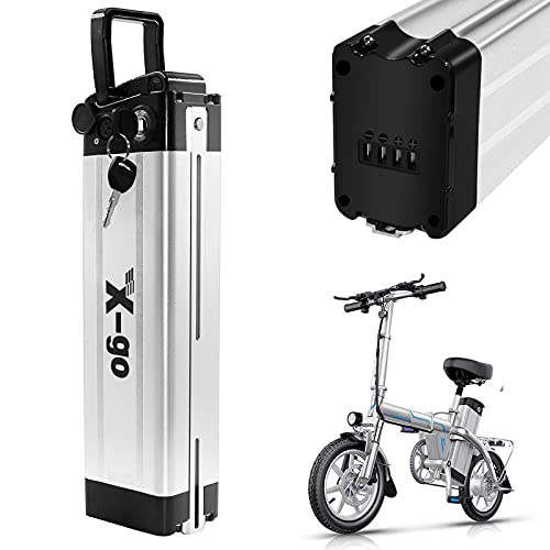 X-go Batería de ion de litio Silver Fish de 36 V y 10 Ah, con cargador para bicicletas eléctricas de 200 W, 35 W, 500 W y motores Pedelec (36 V, 10 Ah, 4 pines)