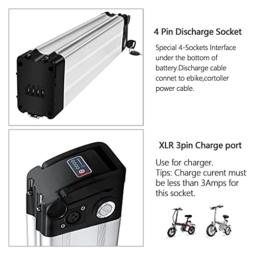 X-go Batería de ion de litio Silver Fish de 36 V y 10 Ah, con cargador para bicicletas eléctricas de 200 W, 35 W, 500 W y motores Pedelec (36 V, 10 Ah, 4 pines)