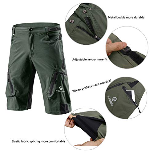 X-TIGER Pantalones Cortos de Ciclo Holgados de Hombres, Transpirables Sueltos, para MTB de los Deportes al Aire Libre (M, Verde del ejército)