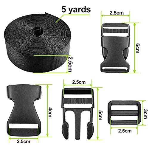 XCOZU 15 Piezas 25mm Hebillas de Plastico Hebilla Mochila Cierre Rapido Hebilla, 1 Rollo 5 Yardas 25mm Negro Correa Nylon para Hacer Bricolaje Correa de Equipaje, Reparación de Mochila