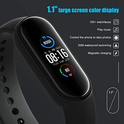 Xiaomi Mi Band 5 Pulsera de Actividad, Monitores de Actividad, Pantalla Fitness Tracker, 100 Fondos de Pantalla temáticos, Pantalla AMOLED de 1,1", 50M a Prueba de Agua, Nueva carga magnética (Negro)