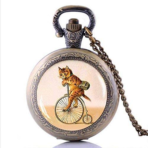XQKQ Relojes de Bolsillo para Hombres, Reloj Personalizado, Gargantilla Retro con Gato en Bicicleta Collar con Reloj de Bolsillo con Bicicleta Hipster, Amantes de la Bicicleta Regalo