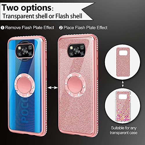 XTCASE Funda para Xiaomi Poco X3 NFC / X3 Pro, Glitter Diamante Brillo Carcasa 360 Grados Soporte Anillo Giratorio Resistente de Gel Silicona TPU Anti-Rasguños Bling Cover - Rosa