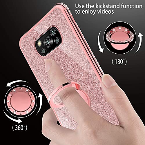 XTCASE Funda para Xiaomi Poco X3 NFC / X3 Pro, Glitter Diamante Brillo Carcasa 360 Grados Soporte Anillo Giratorio Resistente de Gel Silicona TPU Anti-Rasguños Bling Cover - Rosa