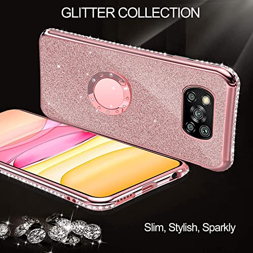 XTCASE Funda para Xiaomi Poco X3 NFC / X3 Pro, Glitter Diamante Brillo Carcasa 360 Grados Soporte Anillo Giratorio Resistente de Gel Silicona TPU Anti-Rasguños Bling Cover - Rosa