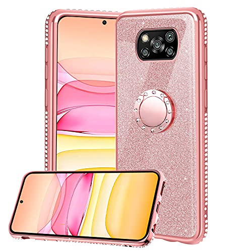 XTCASE Funda para Xiaomi Poco X3 NFC / X3 Pro, Glitter Diamante Brillo Carcasa 360 Grados Soporte Anillo Giratorio Resistente de Gel Silicona TPU Anti-Rasguños Bling Cover - Rosa