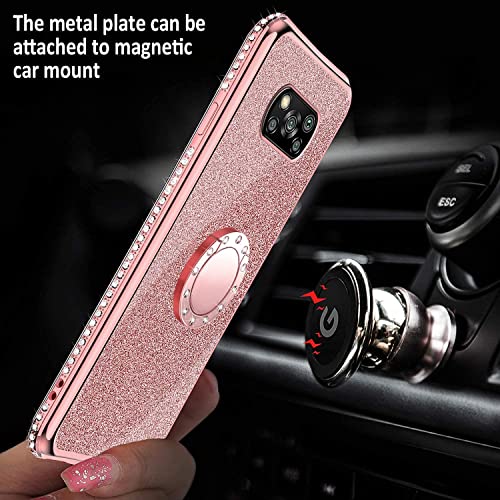 XTCASE Funda para Xiaomi Poco X3 NFC / X3 Pro, Glitter Diamante Brillo Carcasa 360 Grados Soporte Anillo Giratorio Resistente de Gel Silicona TPU Anti-Rasguños Bling Cover - Rosa