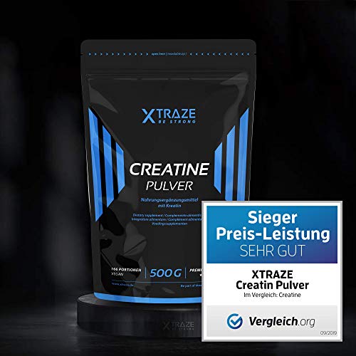 XTRAZE® Creatina Monohidrato en Polvo 500 g, Creatine Vegana 100% pura, Suplemento Deportivo sin Aditivos Innecesarios, para el Entrenamiento con Pesas, Muscular Aumentar, Fitness y Deporte