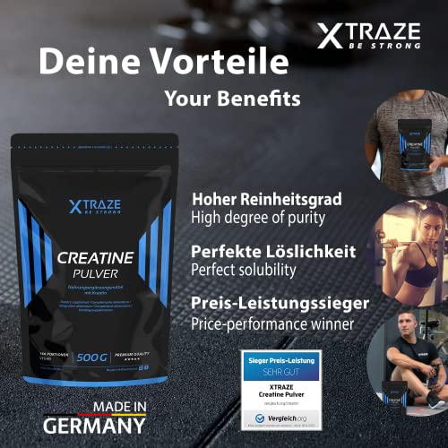 XTRAZE® Creatina Monohidrato en Polvo 500 g, Creatine Vegana 100% pura, Suplemento Deportivo sin Aditivos Innecesarios, para el Entrenamiento con Pesas, Muscular Aumentar, Fitness y Deporte