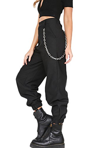 YACUN Mujer Casual Pantalones Cargo Pantalon Hip Hop Jogger con Cadena Danza Streetwear Boyfriend Harem Black S