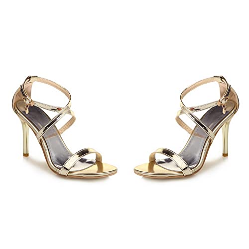 Yawors Sandalias de Tacón Aguja Alto conTira de Tobillo Hebilla Aguja LC67 para Mujeres Gold - 35.5 EU