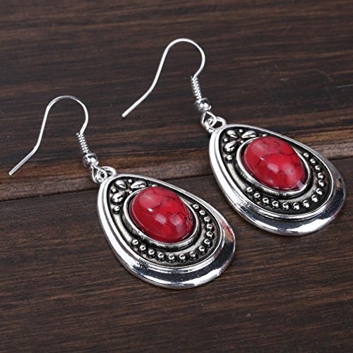 Yazilind vendimia de color plata Red Oval turquesa cuelga gota de los pendientes del gancho Mujeres de regalo