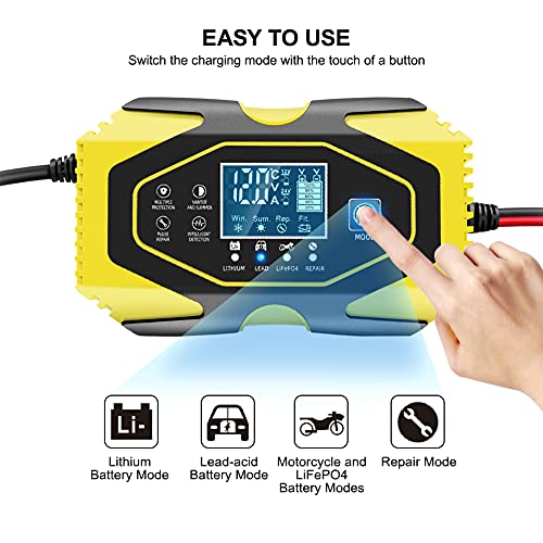 YDBAO Cargador de Baterías Coche Moto 6A 12V/24V con Múltiples Protecciones Automático Inteligente Mantenimiento Pantalla LCD para Batería de Litio Plomo-ácido LiFePO4