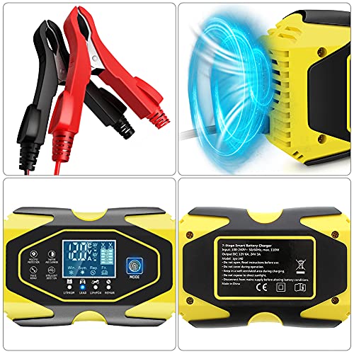 YDBAO Cargador de Baterías Coche Moto 6A 12V/24V con Múltiples Protecciones Automático Inteligente Mantenimiento Pantalla LCD para Batería de Litio Plomo-ácido LiFePO4