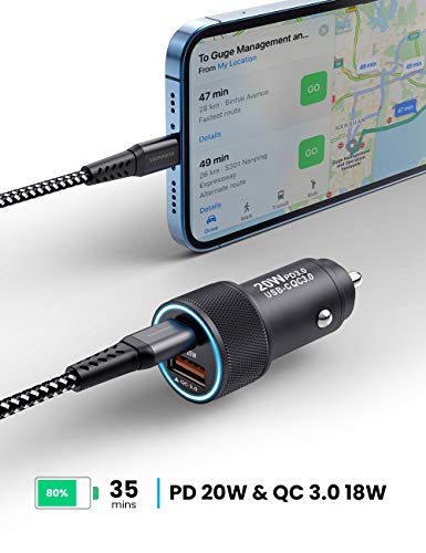 YEONPHOM 20W Cargador Coche USB C Carga Rapido para iPhone 13/12 Pro Max/Mini/11/XS MAX/XR/X/8 Plus/SE,2 Puertos PD&QC 3.0 USB Adaptador Cargador movil de Coche Tipo C con Cable USB C MFi