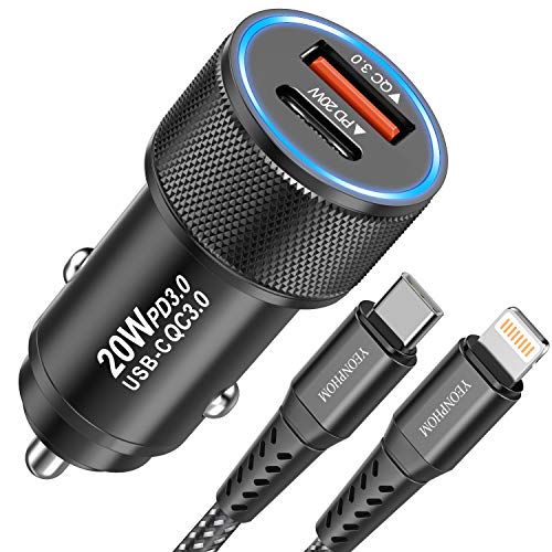 YEONPHOM 20W Cargador Coche USB C Carga Rapido para iPhone 13/12 Pro Max/Mini/11/XS MAX/XR/X/8 Plus/SE,2 Puertos PD&QC 3.0 USB Adaptador Cargador movil de Coche Tipo C con Cable USB C MFi