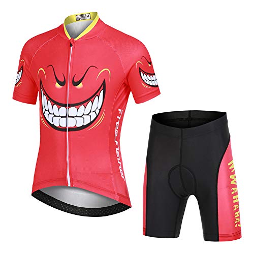 YFPICO Niños Traje de Ciclismo Transpirable para Deportes al Aire Libre Ropa Ajustada Cuerpo Pantalones + Tops Especial de la Almohadilla, XXL (10-12 años), Rojo Diablo Tops+Pantalones