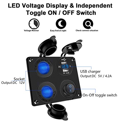 YGL 12V/24V Toma de Mechero Marino Impermeable,5V/4.2 A Toma de Cargador USB con Voltímetro LED e Interruptor Maestro,para Automóvil,Marina,Motocicleta,RV