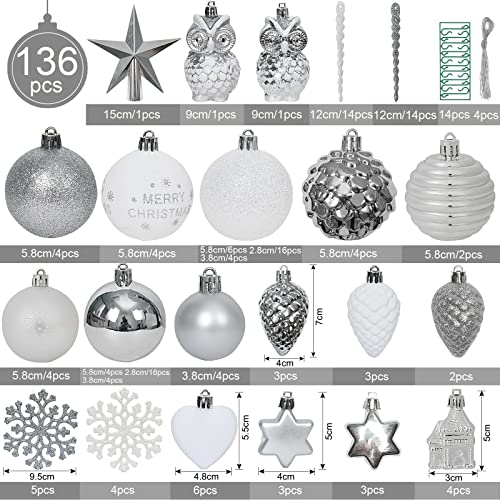 YILEEY Adornos de Navidad Decoracion 136 Piezas Plateadas y Blancas, Arboles de Navidad Bolas de Plastico, 22 Tipos, Caja de Bolas de Navidad de Plástico Inastillable con Percha, Adornos Decorativos