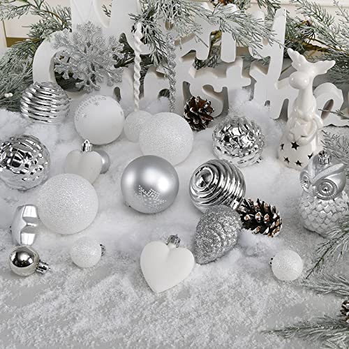 YILEEY Adornos de Navidad Decoracion 136 Piezas Plateadas y Blancas, Arboles de Navidad Bolas de Plastico, 22 Tipos, Caja de Bolas de Navidad de Plástico Inastillable con Percha, Adornos Decorativos