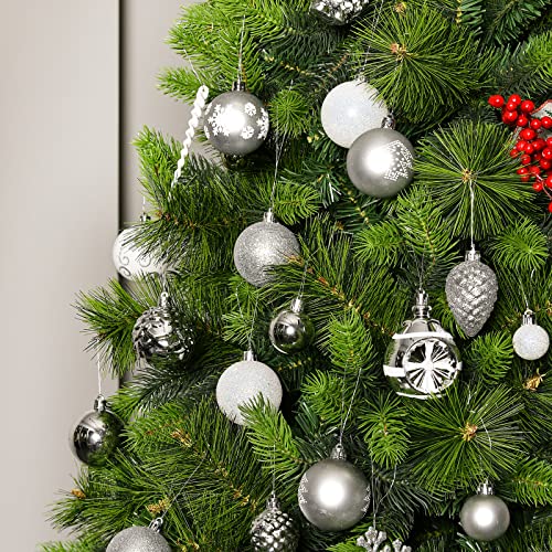 YILEEY Adornos de Navidad Decoracion 136 Piezas Plateadas y Blancas, Arboles de Navidad Bolas de Plastico, 22 Tipos, Caja de Bolas de Navidad de Plástico Inastillable con Percha, Adornos Decorativos