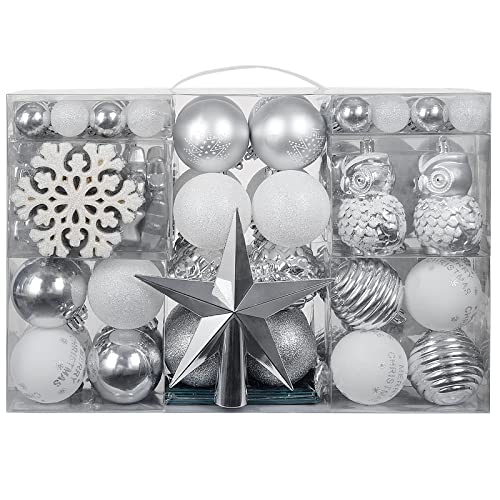 YILEEY Adornos de Navidad Decoracion 136 Piezas Plateadas y Blancas, Arboles de Navidad Bolas de Plastico, 22 Tipos, Caja de Bolas de Navidad de Plástico Inastillable con Percha, Adornos Decorativos