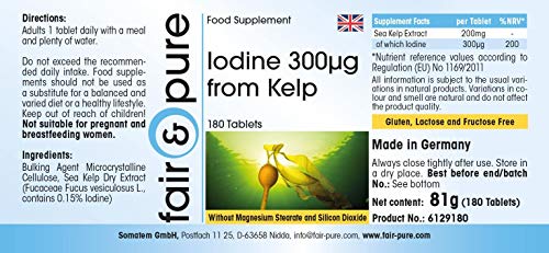 Yodo 300µg - Suplemento de Yodo natural procedente de Alga Kelp - Fucus vesiculosus - Vegano - Alta pureza - 180 Comprimidos