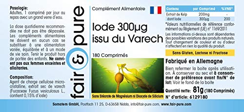 Yodo 300µg - Suplemento de Yodo natural procedente de Alga Kelp - Fucus vesiculosus - Vegano - Alta pureza - 180 Comprimidos