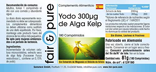 Yodo 300µg - Suplemento de Yodo natural procedente de Alga Kelp - Fucus vesiculosus - Vegano - Alta pureza - 180 Comprimidos